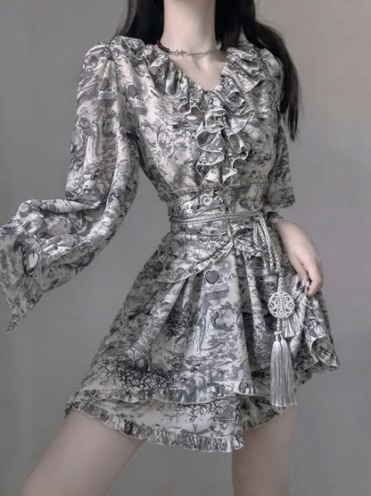 Vintage Print Puff Long Sleeve Ruffle V Neck Tassel Belt A Line Short Homecoming Dress AS3010