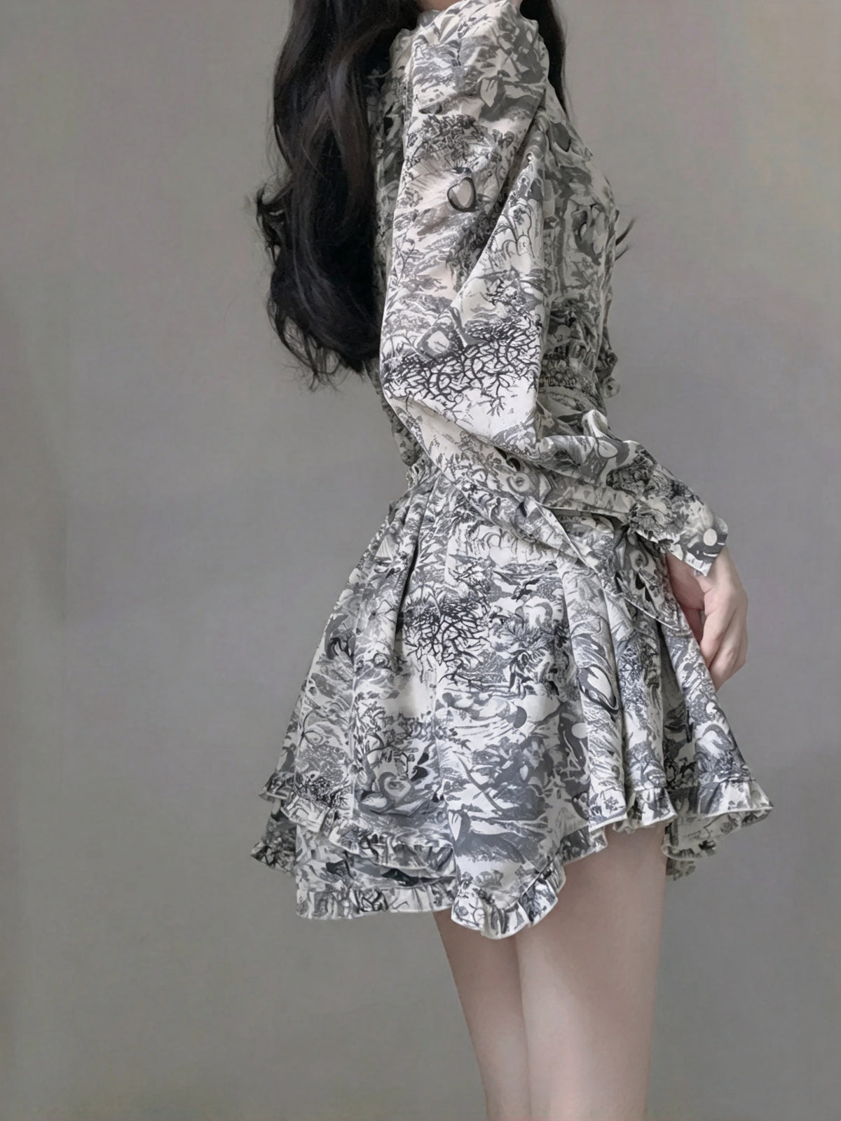 Vintage Print Puff Long Sleeve Ruffle V Neck Tassel Belt A Line Short Homecoming Dress AS3010