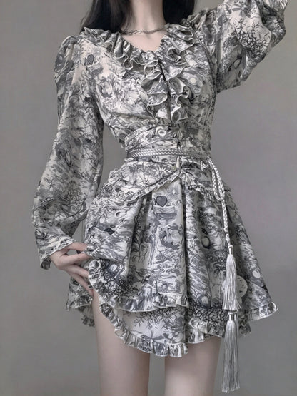 Vintage Print Puff Long Sleeve Ruffle V Neck Tassel Belt A Line Short Homecoming Dress AS3010