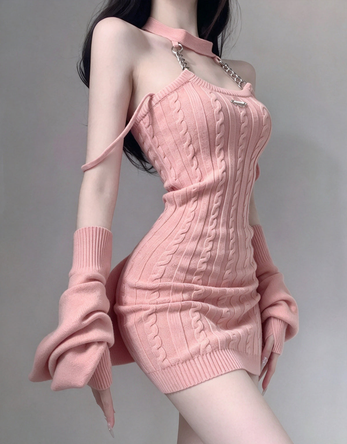 Glam Pink Knit Chain Halter Bodycon Short Homecoming Dress With Matching Long Sleeve Shrug Two Piece Set AS3011