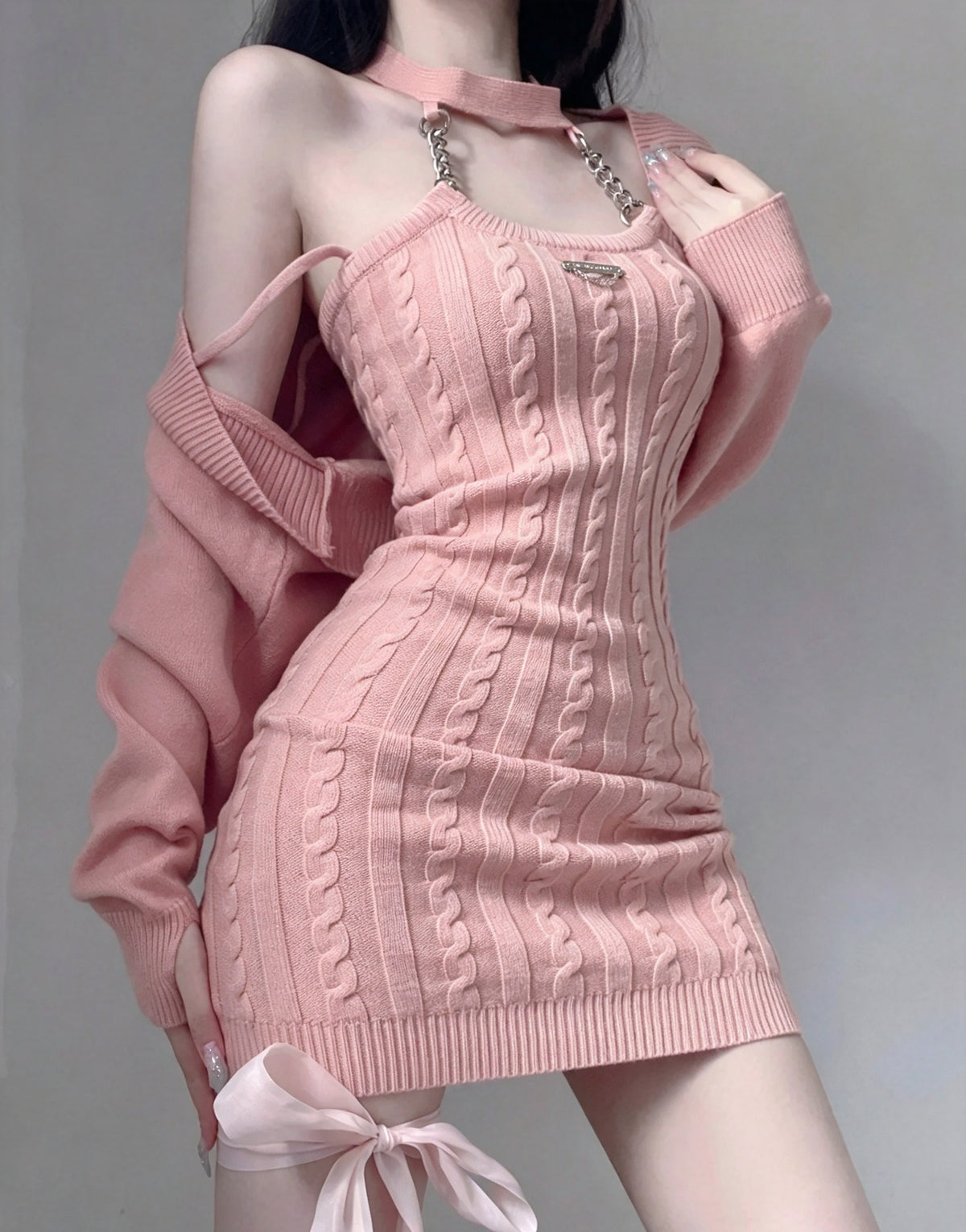 Glam Pink Knit Chain Halter Bodycon Short Homecoming Dress With Matching Long Sleeve Shrug Two Piece Set AS3011