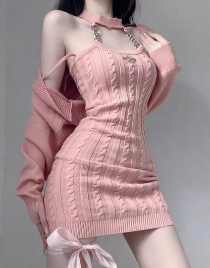 Glam Pink Knit Chain Halter Bodycon Short Homecoming Dress With Matching Long Sleeve Shrug Two Piece Set AS3011
