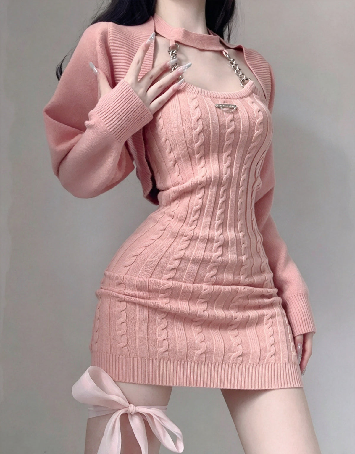 Glam Pink Knit Chain Halter Bodycon Short Homecoming Dress With Matching Long Sleeve Shrug Two Piece Set AS3011