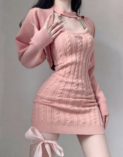 Glam Pink Knit Chain Halter Bodycon Short Homecoming Dress With Matching Long Sleeve Shrug Two Piece Set AS3011