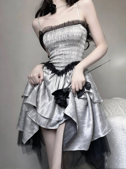 Elegant Silver Satin Spaghetti Strap A Line Short Homecoming Dress AS3012
