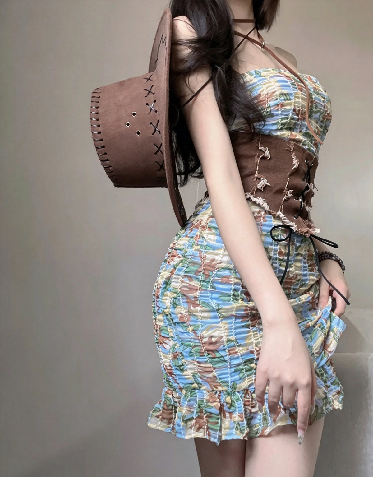Chic Floral Strapless Ruched Bodycon Short Homecoming Dress With Brown Frayed Lace Up Corset Waist AS3013