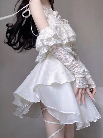Romantic White Lace Off Shoulder Long Sleelves Spaghetti Strap Ruffle A Line Short Homecoming Dress AS3015