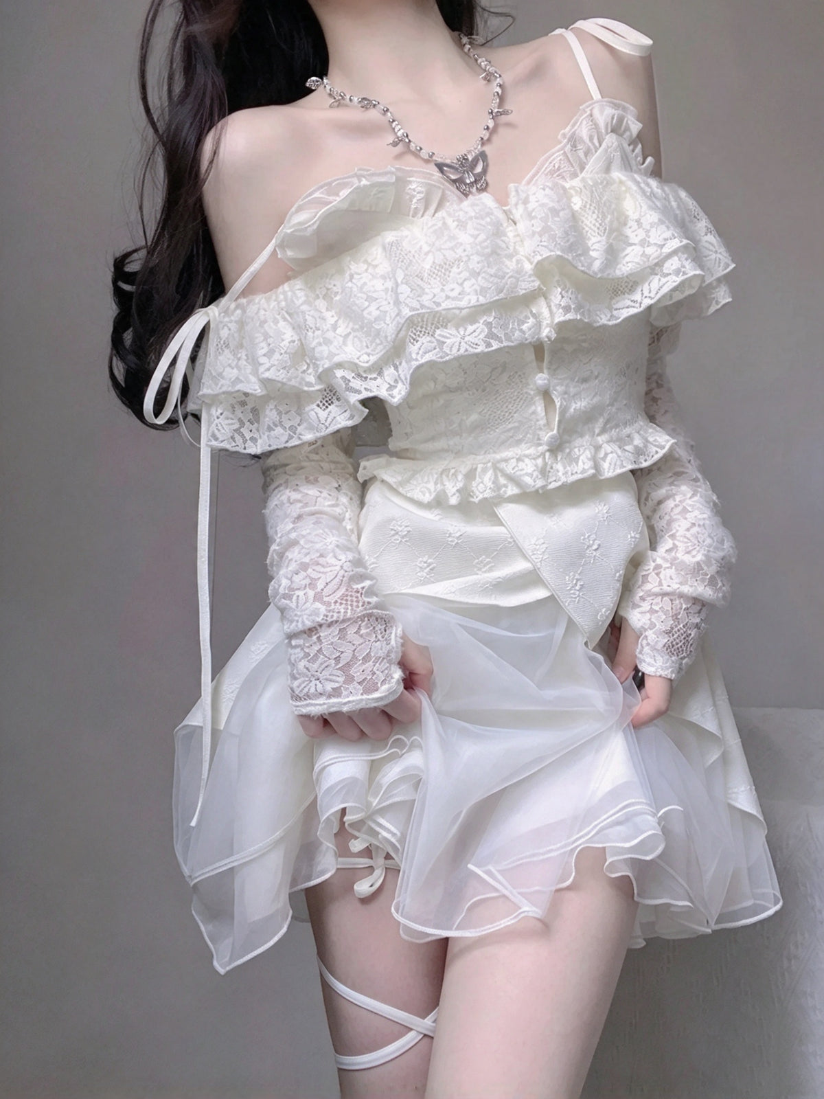 Romantic White Lace Off Shoulder Long Sleelves Spaghetti Strap Ruffle A Line Short Homecoming Dress AS3015