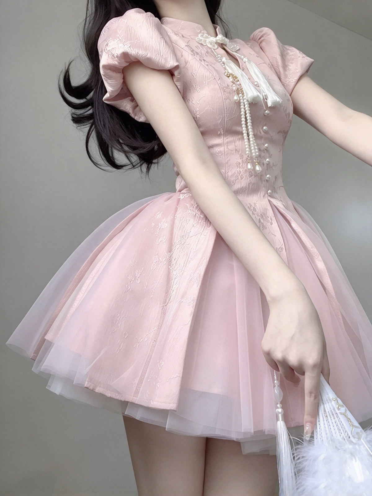Cute Pink Jacquard Stand Collar Short Puff Sleeves A Line Short Homecoming Dress With Tassel Pearl AS3016