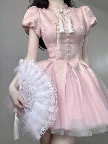 Cute Pink Jacquard Stand Collar Short Puff Sleeves A Line Short Homecoming Dress With Tassel Pearl AS3016