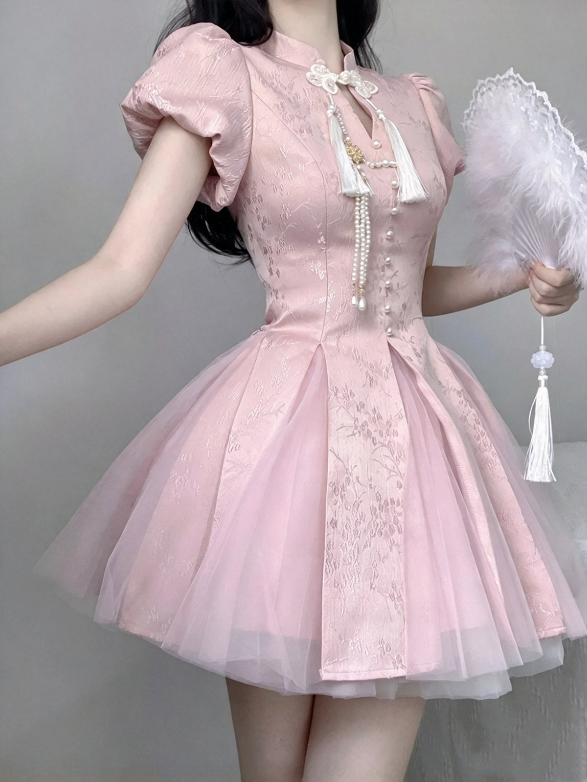 Cute Pink Jacquard Stand Collar Short Puff Sleeves A Line Short Homecoming Dress With Tassel Pearl AS3016