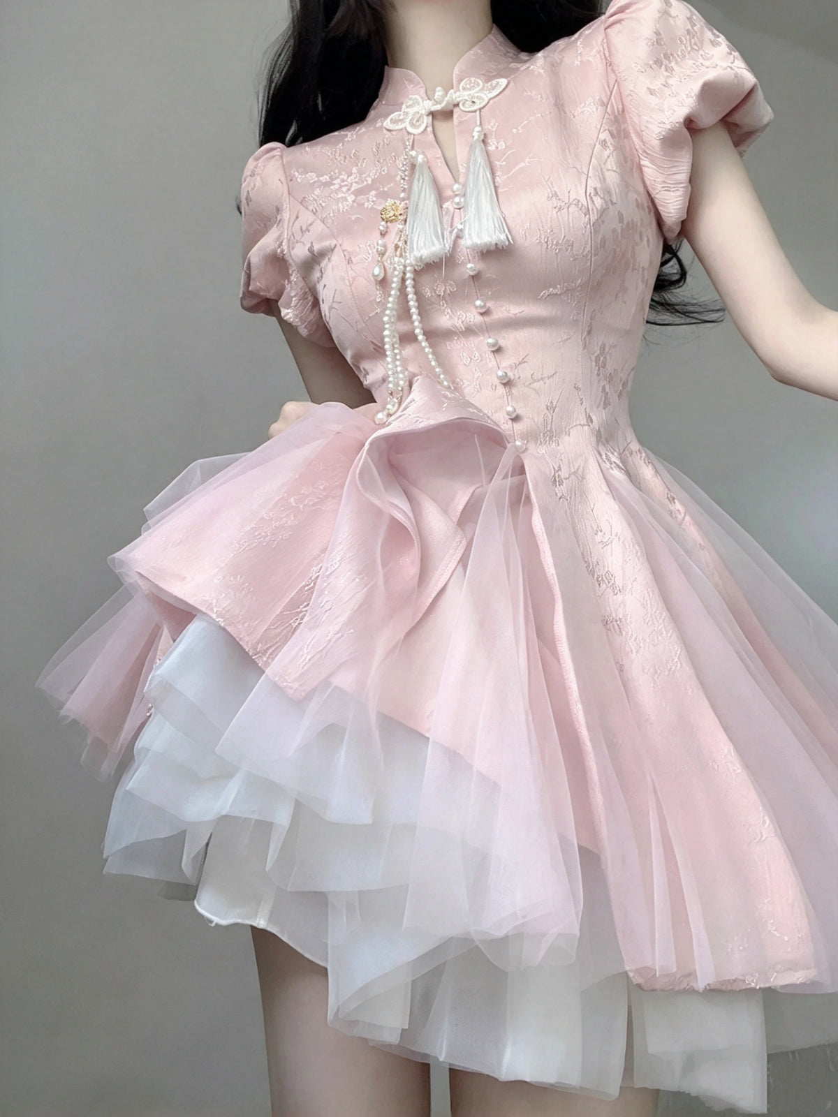 Cute Pink Jacquard Stand Collar Short Puff Sleeves A Line Short Homecoming Dress With Tassel Pearl AS3016