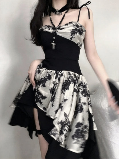 Chic Black White Floral Print Spaghetti Strap A Line Short Homecoming Dress AS3017