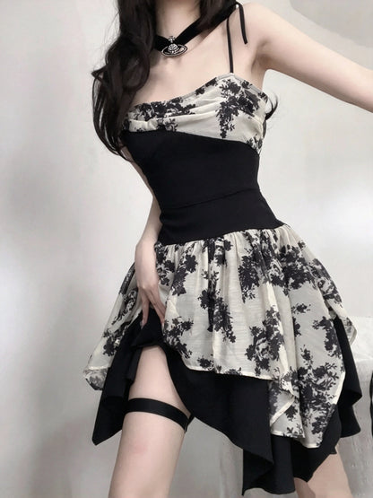 Chic Black White Floral Print Spaghetti Strap A Line Short Homecoming Dress AS3017