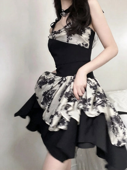 Chic Black White Floral Print Spaghetti Strap A Line Short Homecoming Dress AS3017