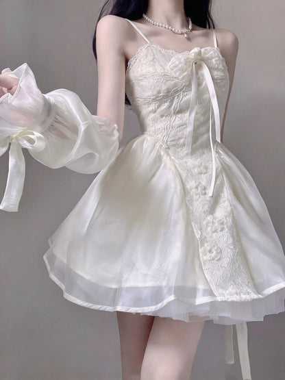 Sweet Cream Spaghetti Strap A Line Short Homecoming Dress With Bow,3D Floral Appliques And Detachable Sleeves AS3018
