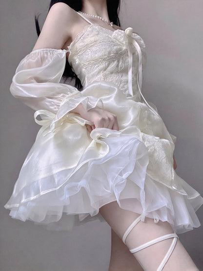 Sweet Cream Spaghetti Strap A Line Short Homecoming Dress With Bow,3D Floral Appliques And Detachable Sleeves AS3018