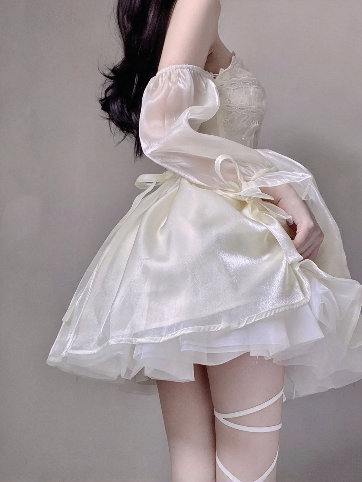 Sweet Cream Spaghetti Strap A Line Short Homecoming Dress With Bow,3D Floral Appliques And Detachable Sleeves AS3018