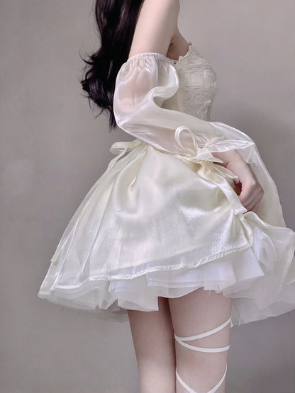 Sweet Cream Spaghetti Strap A Line Short Homecoming Dress With Bow,3D Floral Appliques And Detachable Sleeves AS3018