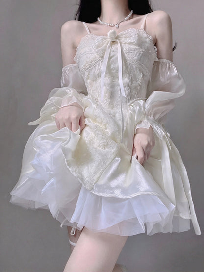 Sweet Cream Spaghetti Strap A Line Short Homecoming Dress With Bow,3D Floral Appliques And Detachable Sleeves AS3018