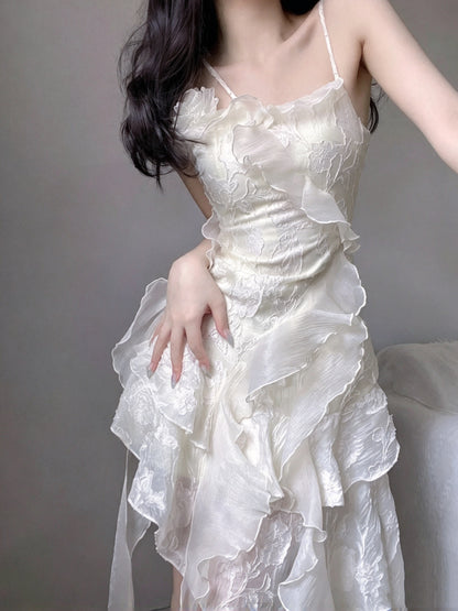 Gorgeous Ivory Floral Embroidery Spaghetti Strap A Line Short Homecoming Dress With Cascading Ruffled Irregular Hem AS3020