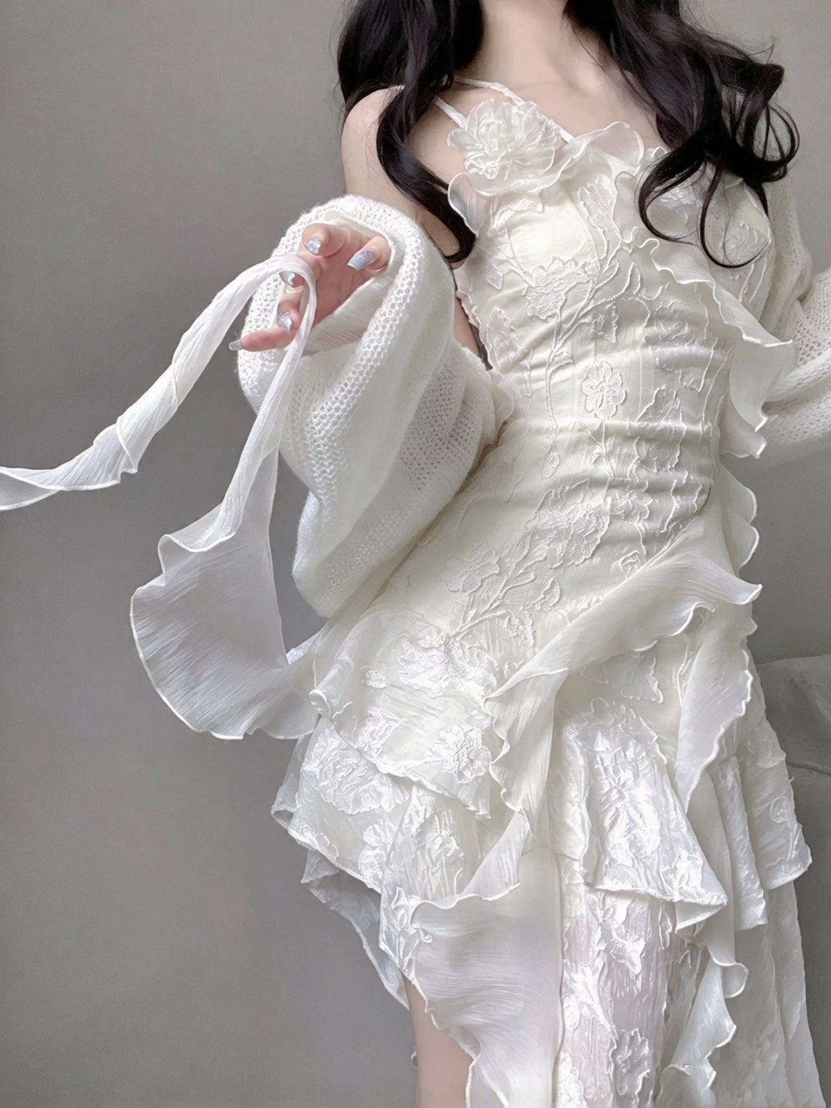 Gorgeous Ivory Floral Embroidery Spaghetti Strap A Line Short Homecoming Dress With Cascading Ruffled Irregular Hem AS3020
