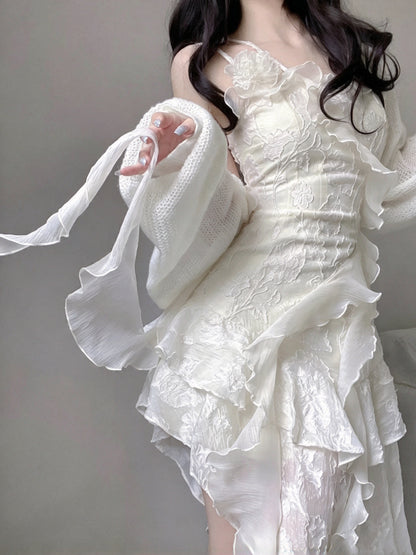 Gorgeous Ivory Floral Embroidery Spaghetti Strap A Line Short Homecoming Dress With Cascading Ruffled Irregular Hem AS3020