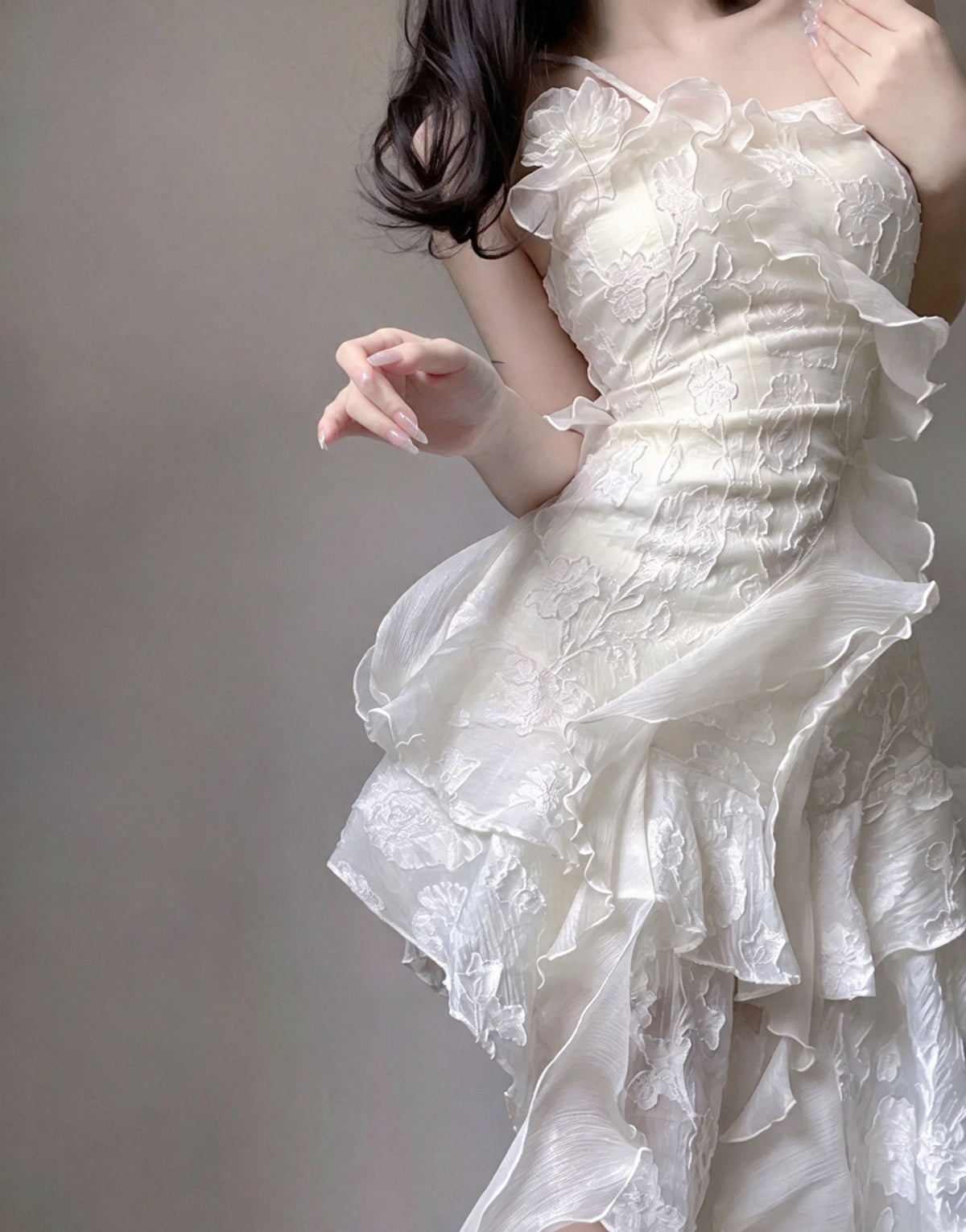 Gorgeous Ivory Floral Embroidery Spaghetti Strap A Line Short Homecoming Dress With Cascading Ruffled Irregular Hem AS3020