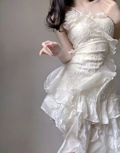 Gorgeous Ivory Floral Embroidery Spaghetti Strap A Line Short Homecoming Dress With Cascading Ruffled Irregular Hem AS3020