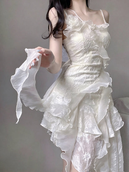 Gorgeous Ivory Floral Embroidery Spaghetti Strap A Line Short Homecoming Dress With Cascading Ruffled Irregular Hem AS3020