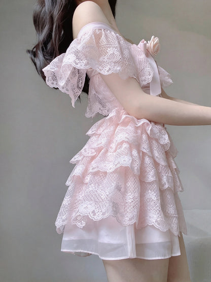 Sweet Pink Square Neck Lace Ruffle Cap Sleeve 3D Rose Bow Corset A Line Short Homecoming Dress AS3021