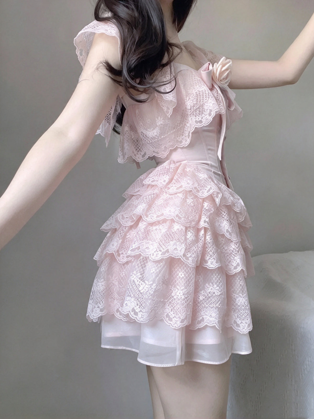 Sweet Pink Square Neck Lace Ruffle Cap Sleeve 3D Rose Bow Corset A Line Short Homecoming Dress AS3021