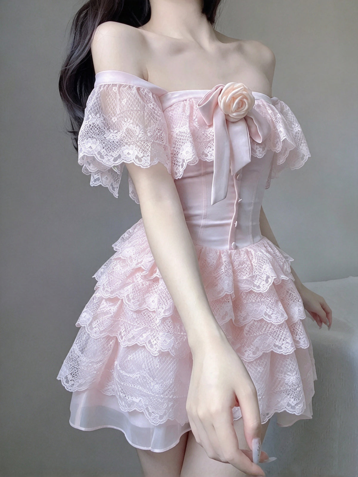 Sweet Pink Square Neck Lace Ruffle Cap Sleeve 3D Rose Bow Corset A Line Short Homecoming Dress AS3021
