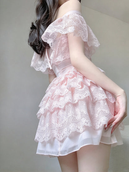Sweet Pink Square Neck Lace Ruffle Cap Sleeve 3D Rose Bow Corset A Line Short Homecoming Dress AS3021