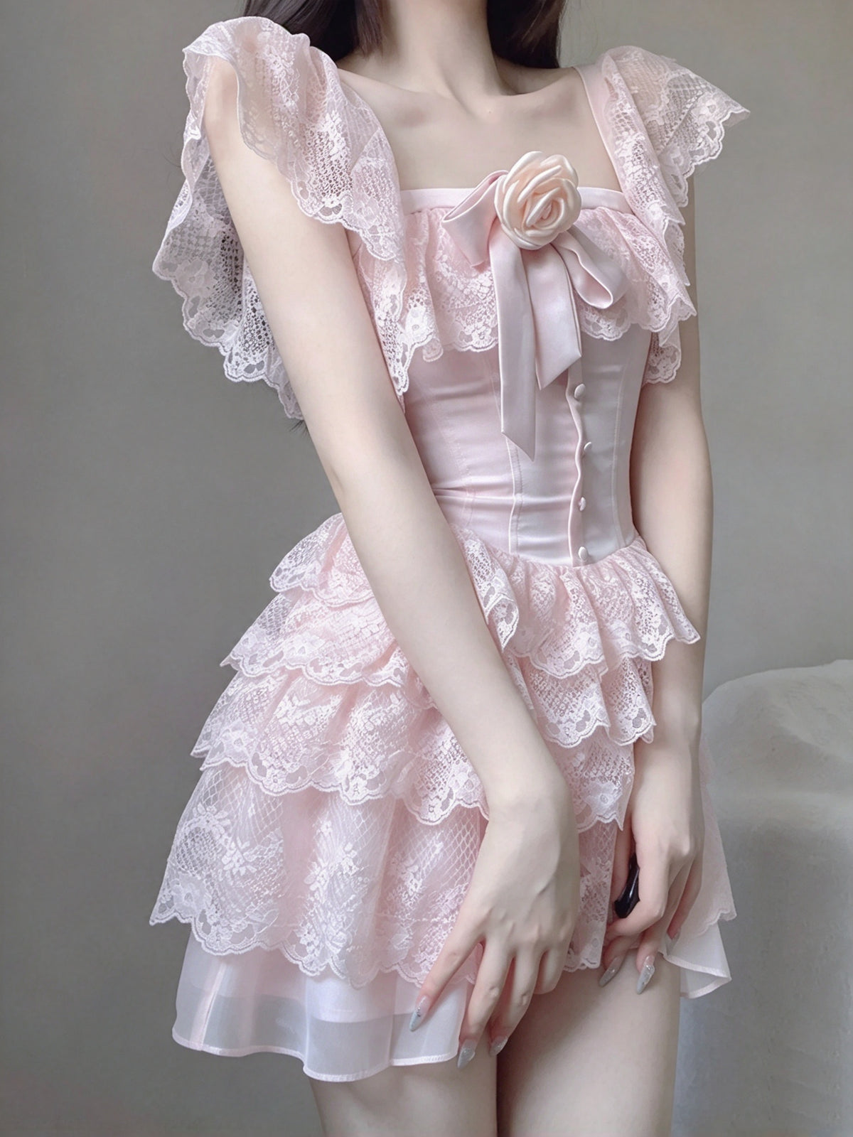 Sweet Pink Square Neck Lace Ruffle Cap Sleeve 3D Rose Bow Corset A Line Short Homecoming Dress AS3021