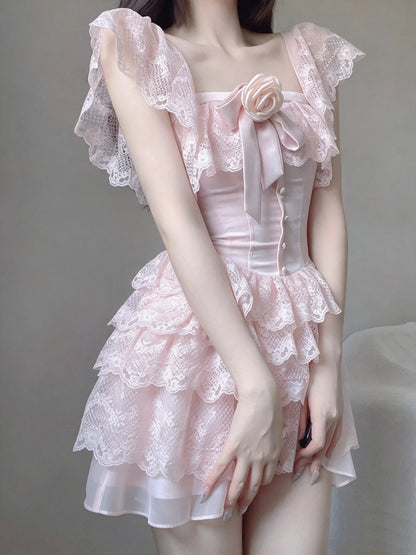 Sweet Pink Square Neck Lace Ruffle Cap Sleeve 3D Rose Bow Corset A Line Short Homecoming Dress AS3021