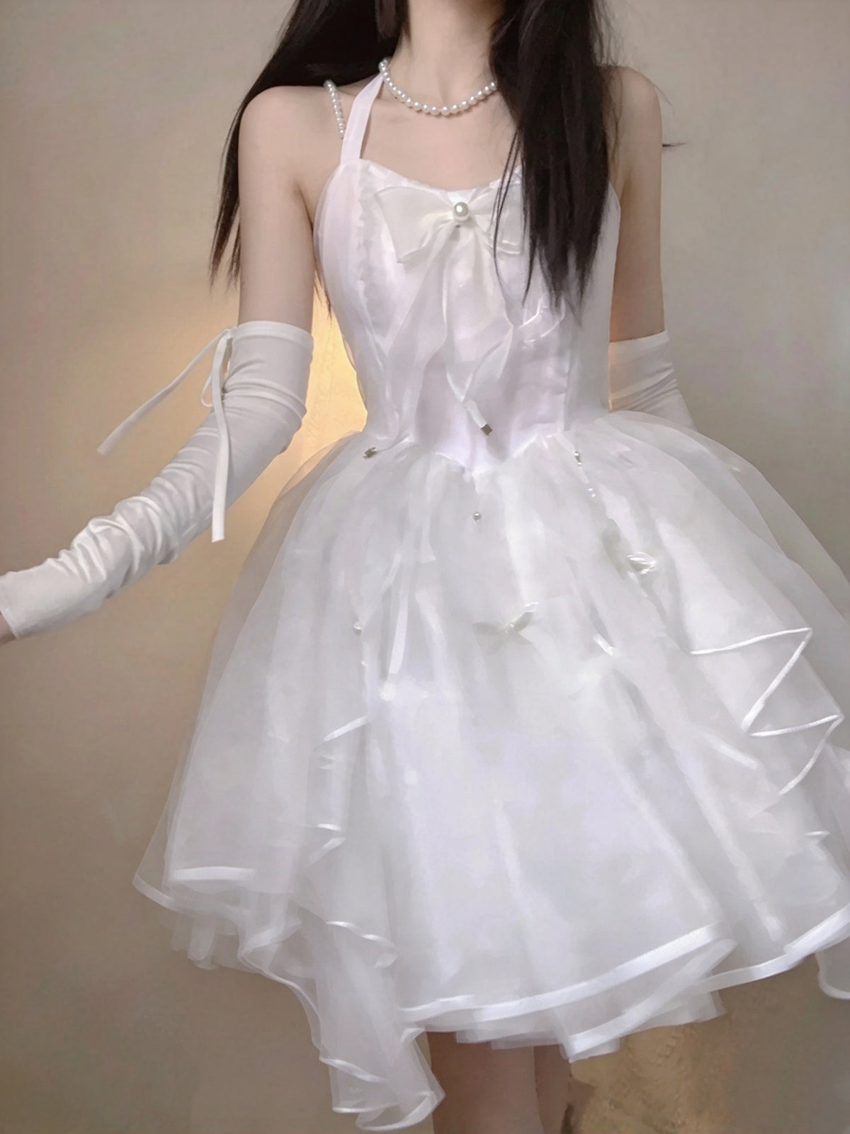 Ethereal White Halter Pearl Straps Bow Butterfly Appliques A Line Short Homecoming Dress AS3022