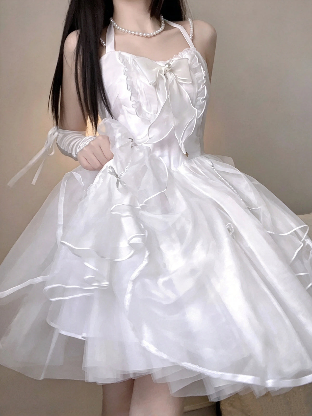 Ethereal White Halter Pearl Straps Bow Butterfly Appliques A Line Short Homecoming Dress AS3022
