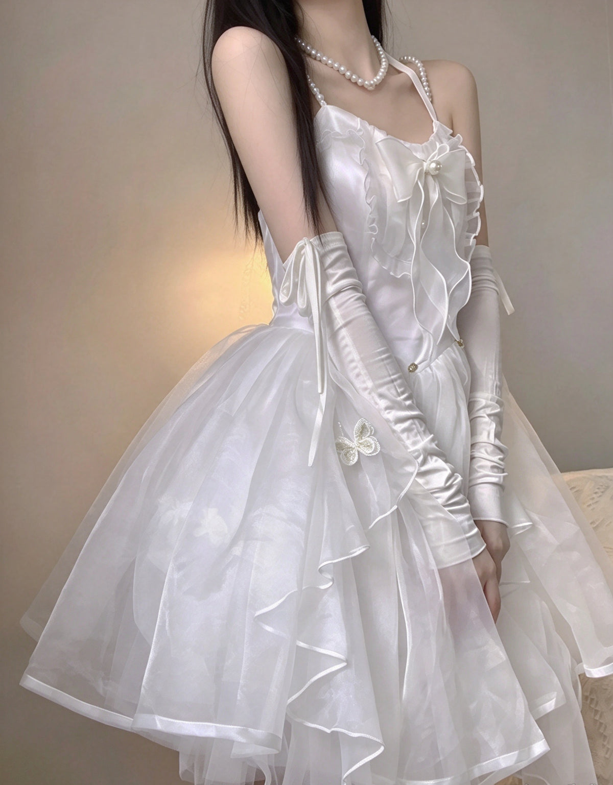 Ethereal White Halter Pearl Straps Bow Butterfly Appliques A Line Short Homecoming Dress AS3022