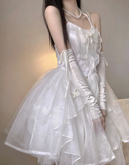 Ethereal White Halter Pearl Straps Bow Butterfly Appliques A Line Short Homecoming Dress AS3022