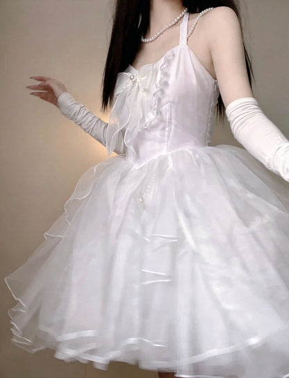 Ethereal White Halter Pearl Straps Bow Butterfly Appliques A Line Short Homecoming Dress AS3022