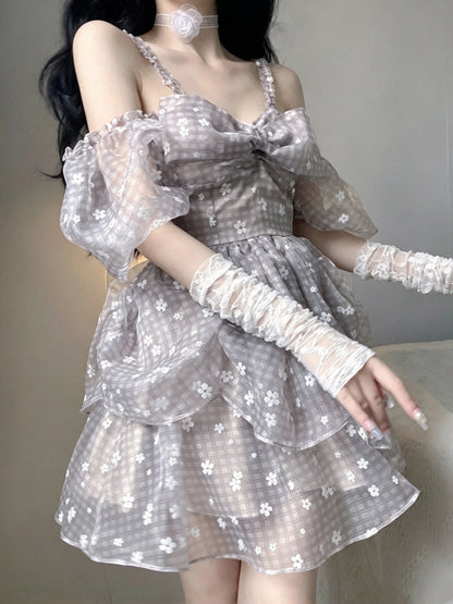 Soft Grey Plaid Floral Print Strap Off Shoulder A Line Short Homecoming Dress With Big Bow AS3023