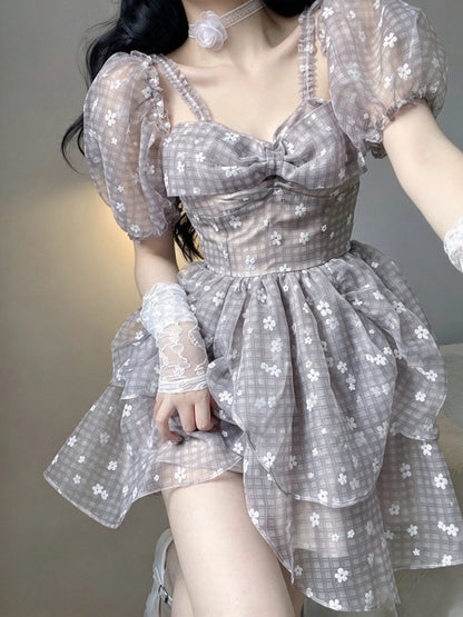 Soft Grey Plaid Floral Print Strap Off Shoulder A Line Short Homecoming Dress With Big Bow AS3023