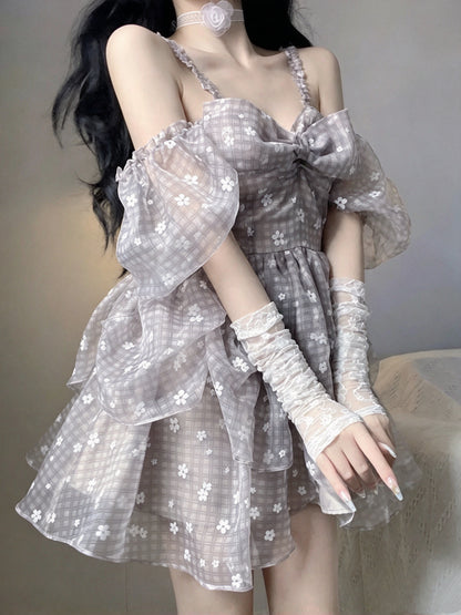 Soft Grey Plaid Floral Print Strap Off Shoulder A Line Short Homecoming Dress With Big Bow AS3023
