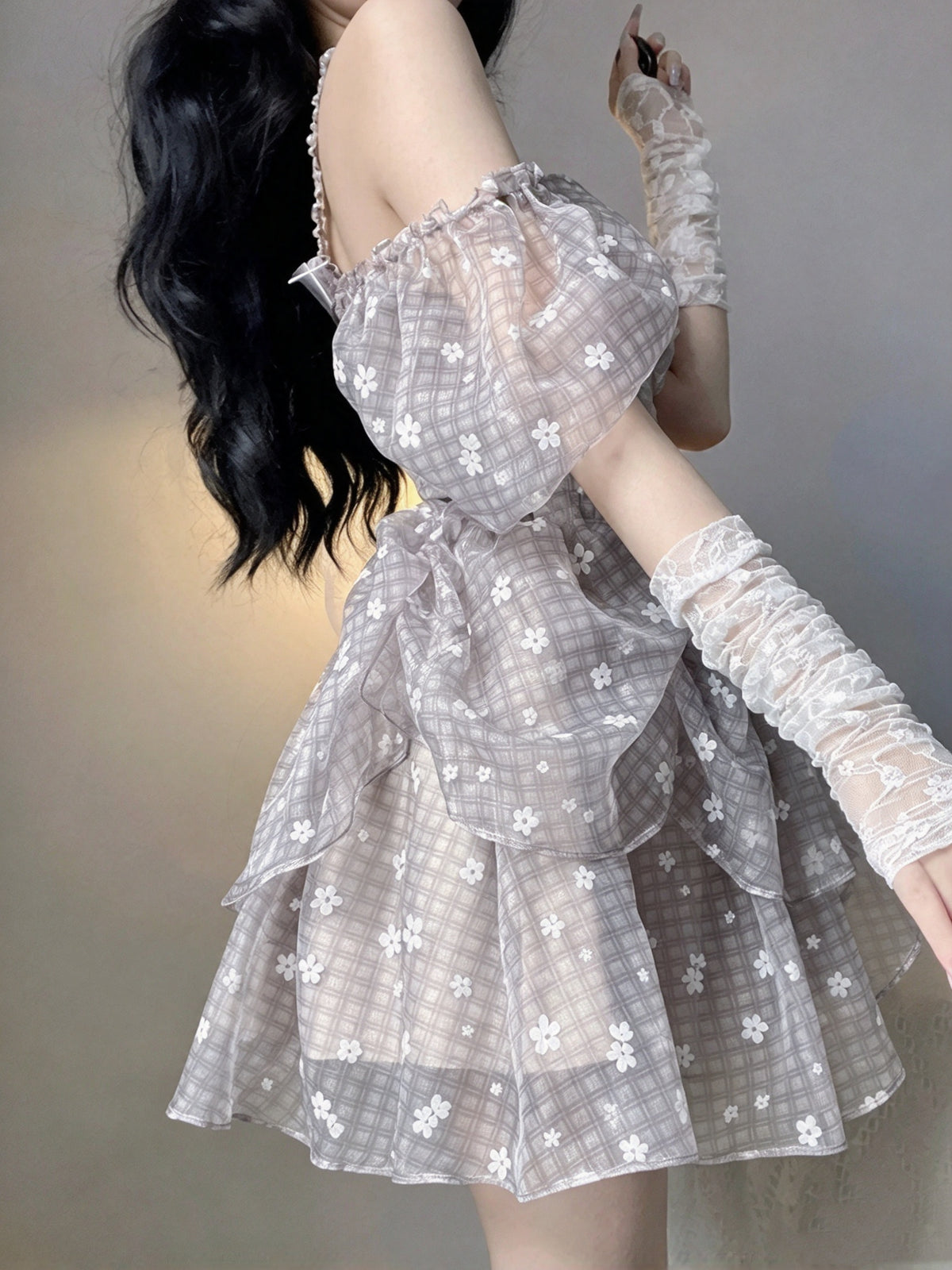 Soft Grey Plaid Floral Print Strap Off Shoulder A Line Short Homecoming Dress With Big Bow AS3023