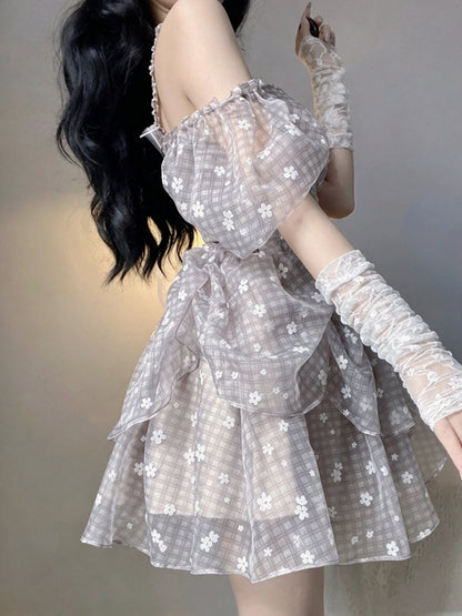 Soft Grey Plaid Floral Print Strap Off Shoulder A Line Short Homecoming Dress With Big Bow AS3023