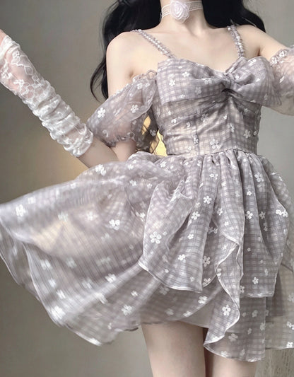 Soft Grey Plaid Floral Print Strap Off Shoulder A Line Short Homecoming Dress With Big Bow AS3023