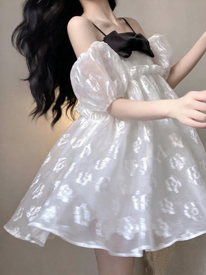 Cute White Floral Jacquard Off Shoulder Puff Sleeve A Line Short Homecoming Dress With Black Bow And Strap AS3024