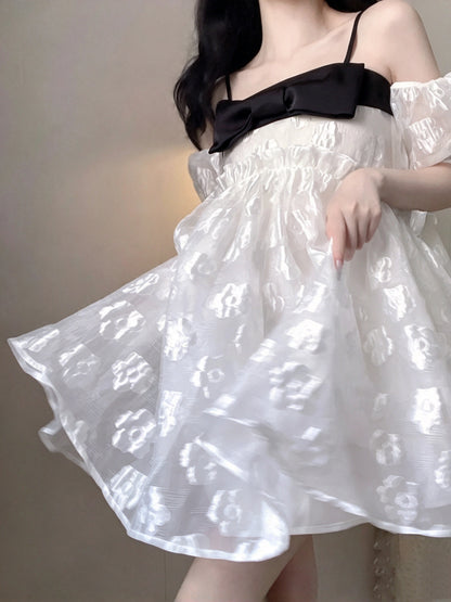 Cute White Floral Jacquard Off Shoulder Puff Sleeve A Line Short Homecoming Dress With Black Bow And Strap AS3024