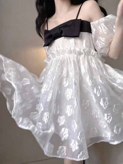 Cute White Floral Jacquard Off Shoulder Puff Sleeve A Line Short Homecoming Dress With Black Bow And Strap AS3024
